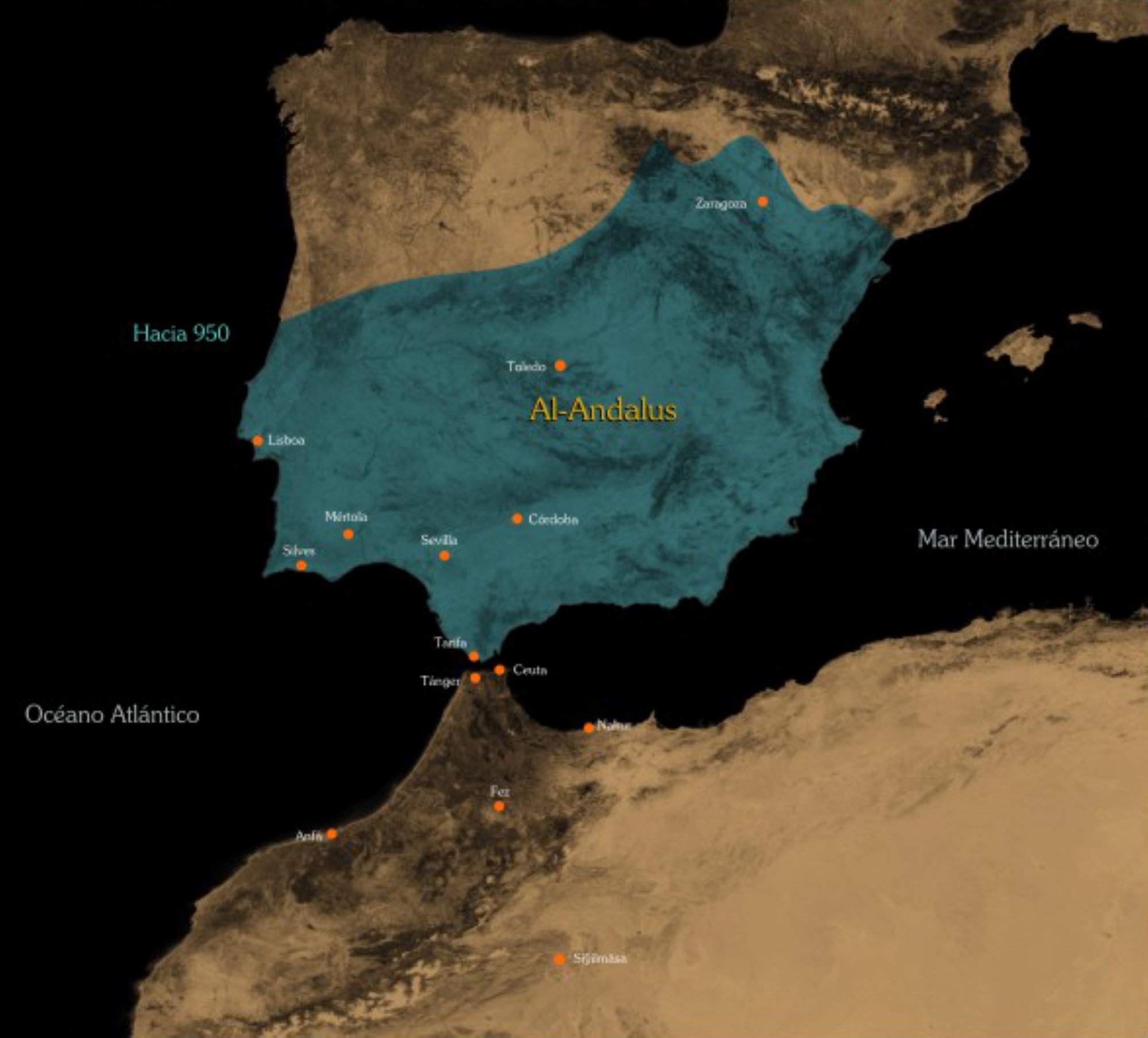 Mappa di al-Andalus intorno al 950, durante l'era degli Omayyadi (711-1031)