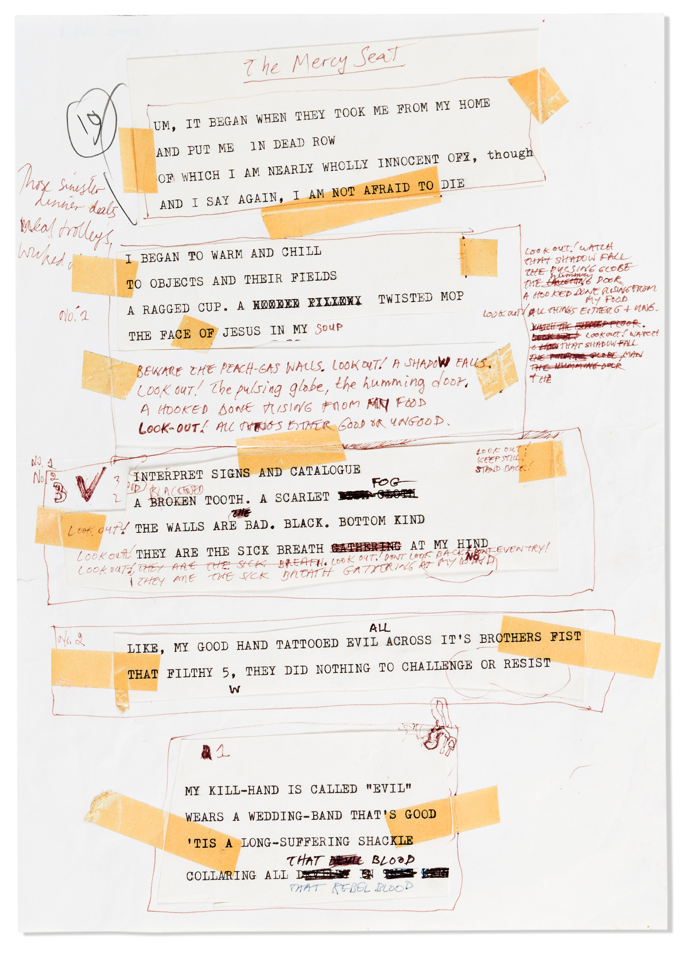 Original song lyrics for ‘The Mercy Seat’ by Nick Cave, c. 1987 Photo: Tom Breakwell / Arts Centre Melbourne 