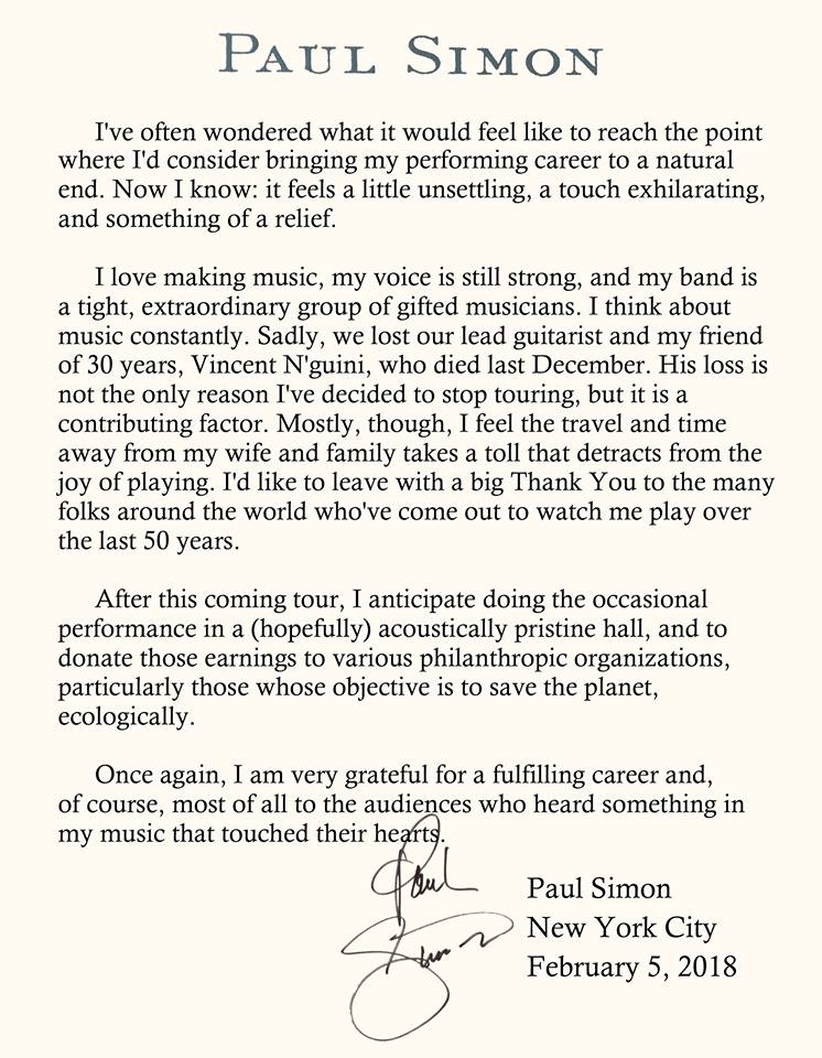 Paul Simon, addio alle scene