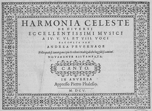 frontespizio Harmonia Celeste (Phalèse 1605)