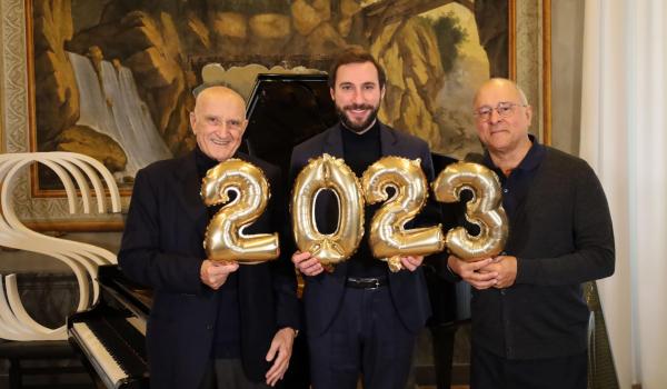 Maestro Salvatore Accardo e Maestro Antonio Meneses con il Direttore Generale Paolo Petrocelli Accademia Stauffer Cremona