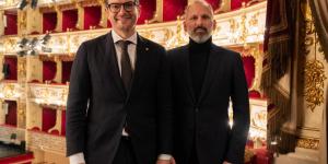 Il sindaco di Parma Michele Guerra e il sovrintendente del Teatro Regio di Parma Luciano Messi (foto Matteo Fornari)